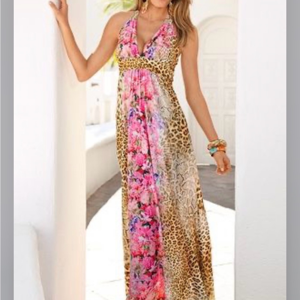 Boston Proper Brown and Pink Maxi Dress